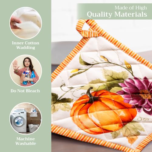 Pot Holders 100% Cotton Potholders (069 - Pumpkin Garden - Cloudy Cream / 8" x 8" (Pot Holder Pack of 1))