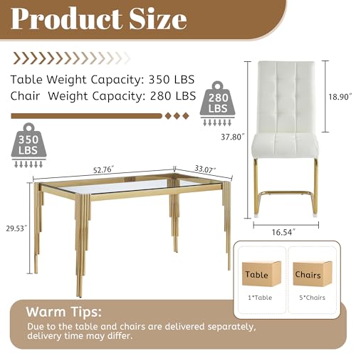 53'' Glass Dining Table Set for 4 (5PCS-52.76” L x 33.07” W x 29.53” H / Clear Gold - White Chair)