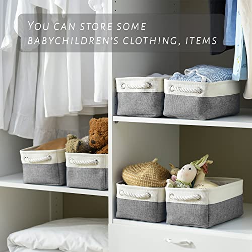 Small Storage Baskets for Shelf 6 Pack Canvas Storage Basket with Handles Fabric Storage Basket for Organizing Storage Bin (White&Grey / Small-6 Pack)