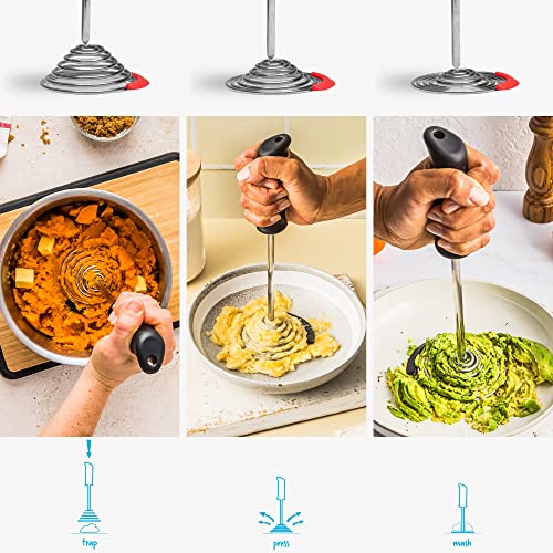 Smood | One-Handed Stainless-Steel Spring Coil Vegetable and Potato Masher with Soft Grip and Bowl Scraper | Red (Smood / Red)