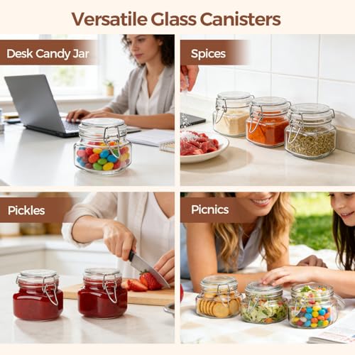 Square Small 17 oz Glass Jars with Airtight Lids 6 Pack Wide Mouth (17 fl oz x 6)