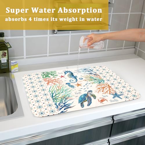 Nautical Coastal Dish Drying Mat Sea Turtle Seahorse Dish Drainer Pad 18"x24" Microfiber Reversible Fast Dry Pad for Kitchen Counter Decor (Coral Turtle / 18" x 24")