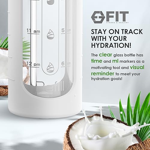 Glass Water Bottle 32 oz with Straw Lid & Time Marker (White Sleeve)