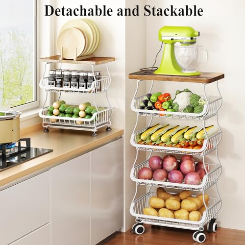 5 Tier Fruit and Vegetable Basket Stand for Kitchen (White / 5 Tiers)