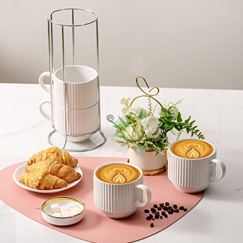 15 oz Ribbed Stackable Coffee Mug Set of 4 (White / 15 Ounces)