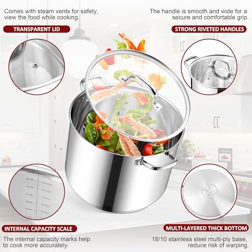 24-Quart 18/10 Stainless Steel Stock Pot with Lid, Large Heavy Duty Soup Pot Compatible with Electric, Gas, Induction and Gas Cooktops, Non-Toxic & Corrosion Resistant, Dishwasher Safe (24 Quarts)