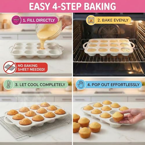 Silicone Muffin Pan for Baking (Cream / Regular (12 Cups Pan))