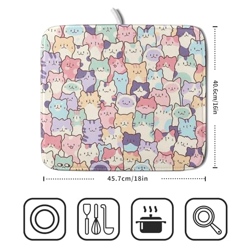 Colorful Cats Dish Drying Mat 16x18 inch Cute Animal Microfiber Reversible Fast Dry Dishes Drainer Rack Pad for Counter Kitchen Table Decor (Colorful Cats / 16" x 18")