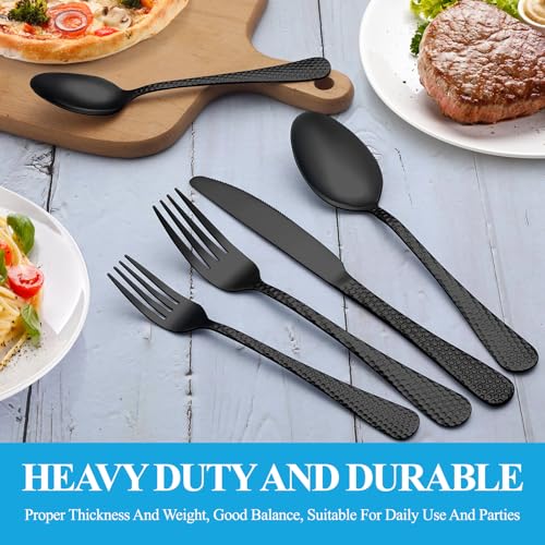 30 Pcs Black Hammered Silverware Set Service for 6 (Black)