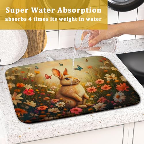 Easter Bunny Dish Drying Mat Flower Butterfly Kitchen Drainer Mat 16x18 inch Absorbent Reversible Dish Rack Pad for Counter Tabletop Decor (Easter Bunny Flower / 16" x 18")