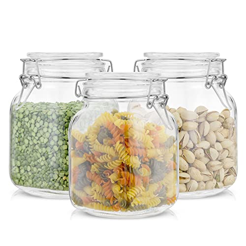 Airtight Glass Jars with Lids Set of 3. 32oz Glass Jar with Lid and 6 Silicone Seals! Med Glass Food Storage Containers. Square Mason Jar