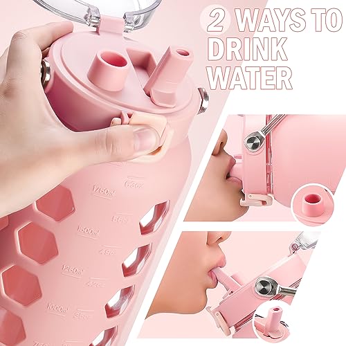 64oz Glass Water Bottle with Straw and Lid (Pink / 64 Ounces)