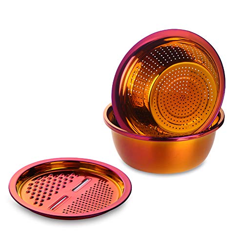 3-In-1 Multifunctional Grater Basin Colander Strainer Set, Mingcheng Stainless Steel Kitchen Grater/Drain Basket/Bottom Basin for Washing Rice, Fruits, Vegetable, Grater with Container (Orange) (Orange)