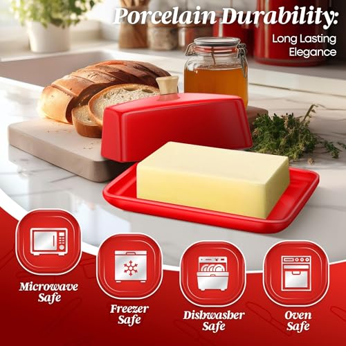 Large Ceramic Butter Dish with Lid for Countertop (Red / Large)