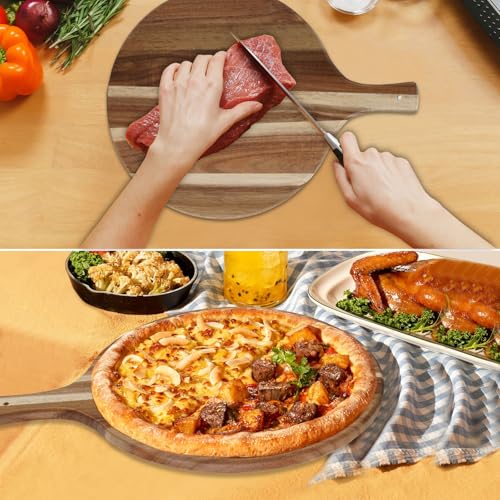 Acacia Wood Round Cutting Board with Handle (15.7"L x 11.8"W)