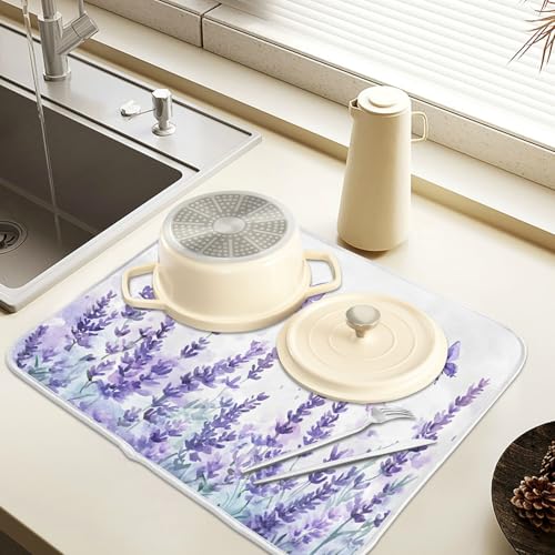 Purple Lavender Spring Summer Flower Floral Dish Drying Mat for Kitchen Counter Absorbent Microfiber Large Drying Pad Dish Mats for Kitchen Countertops 18 x 24 Inch (24" x 18")