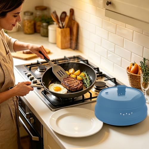 Tall Microwave Splatter Cover Glass Cover Guard Lid 5.8 inch Height with Collapsible Silicone for Food Pot Plate 10.5 inch Blue (Taller style Blue / 10.8 inch)