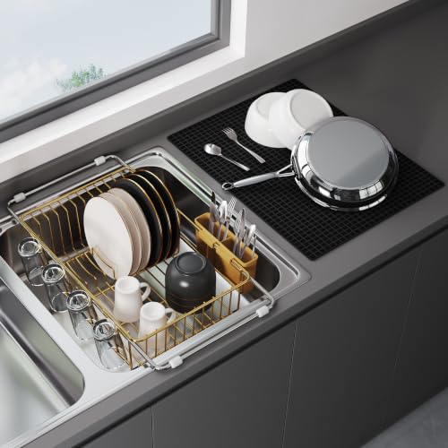 Gold Dish Drying Rack in Sink with Mat (Gold / For 12"-30"w Sink, with Mat)