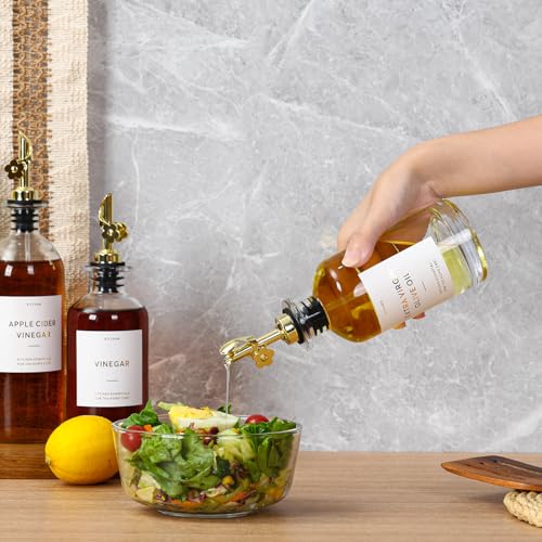 Olive Oil Dispenser for Kitchen (12oz-Clear&Gold Spout+Tray / 11.8 fl oz)