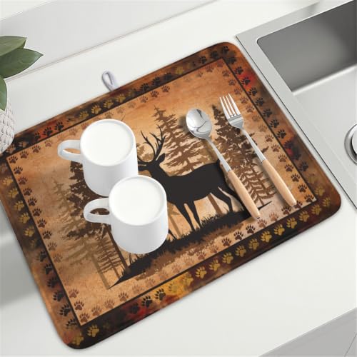 Forest Deer Dish Drying Mat Wildlife Animal Dishes Pad 18"x24" Microfiber Absorbent Fast Dry Drainer Rack Mats for Kitchen Countertop Decor (Forest Deer Brown / 18x24 inch)