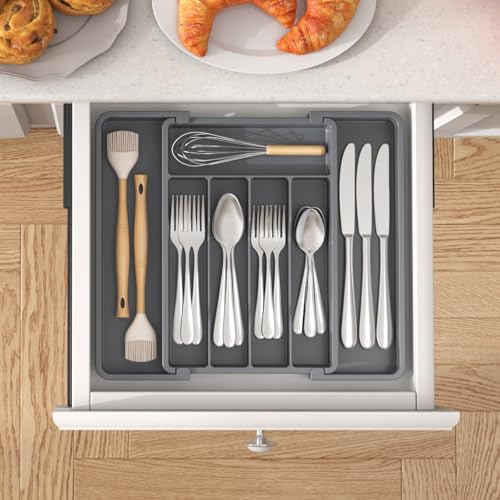 Expandable Silverware Drawer Organizer (Dark Gray / Medium Wide(8.5-14''W x 12''D))