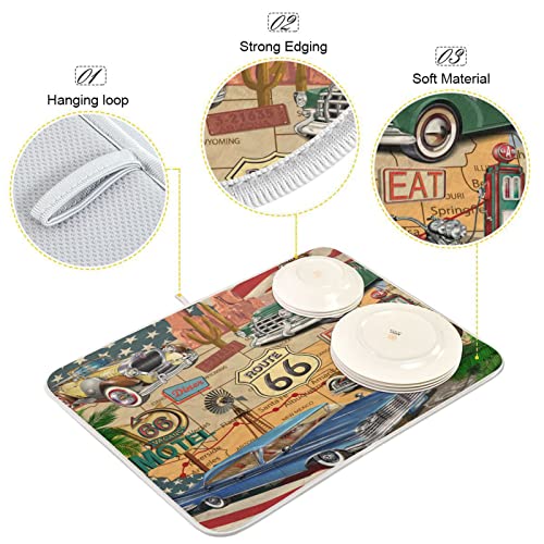 Super Absorbent Dish Drying Mat (Retro Route 66 Poster / 18" x 24")