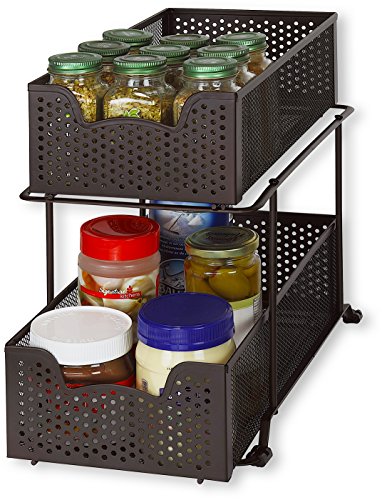 2 Tier Sliding Cabinet Basket Organizer Drawer (Bronze / 1-Pack)