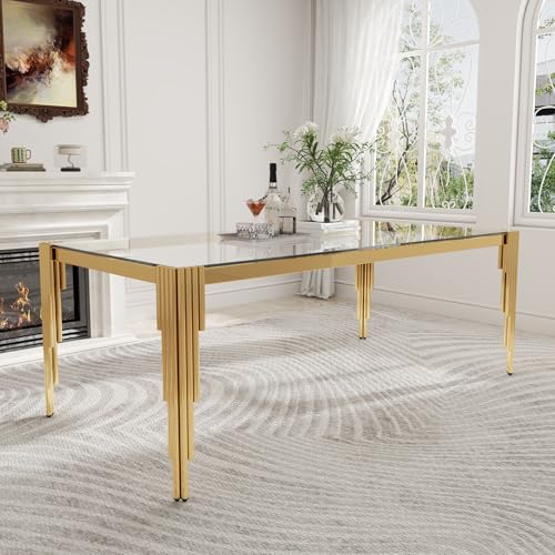 78'' Modern Glass Dining Table for 6 (Gold-clear / Rectangle-78.74" L x 39.37" W x 29.53" H)