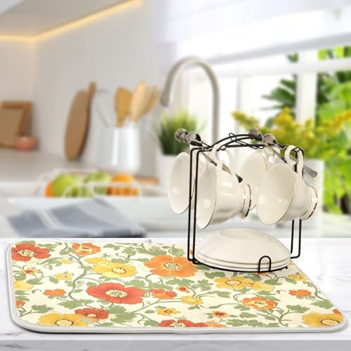 Retro Yellow Orange Flowers Dish Drying Mat for Kitchen Counter Absorbent Microfiber Drying Pad (16" x 18")