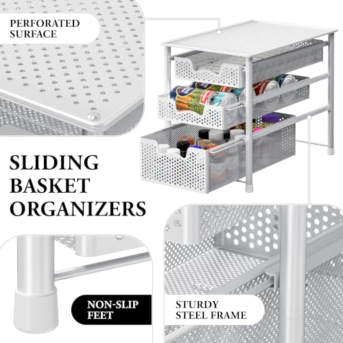 3 Tier White Alloy Steel Sliding Basket Organizer Drawer Cabinet (3-Tier / White)