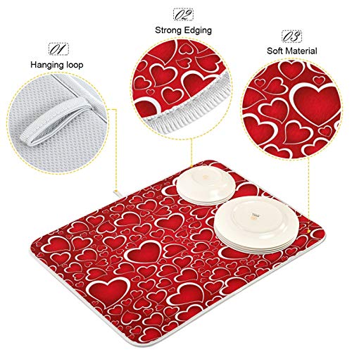 Valentines Day Red Hearts Dish Drying Mat for Kitchen Counter Absorbent Microfiber Large Drying Pad Dish mats for Kitchen Countertops 18 x 24 Inch (Red Hearts / 18" x 24")