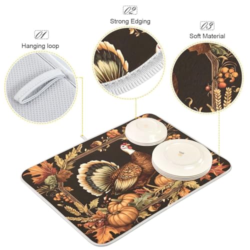 Thanksgiving Turkey Pumpkin Dish Drying Mat for Kitchen Counter Absorbent Microfiber Drying Pad (16" x 18")