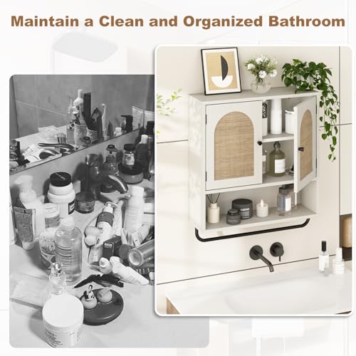 Rattan Bathroom Wall Cabinet (Rustic White / 2 Doors)