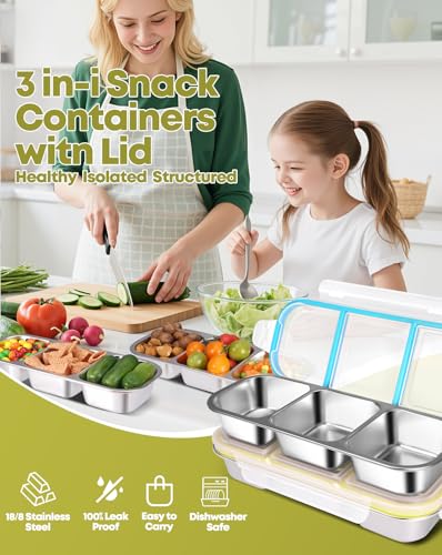 2 Pack Stainless Steel Snack Containers (3 compartment Blue Yellow)