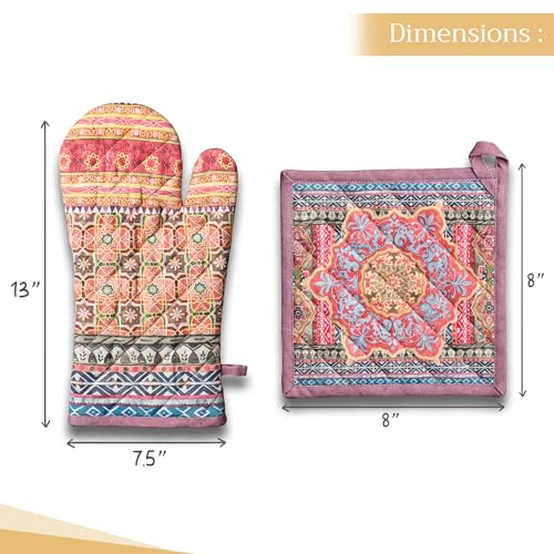 100% Cotton Oven Mitt & Pot Holder Set (075 - Ispahan / 7.5" x 13" & 8" x 8" (Oven Mitt & Pot Holder))