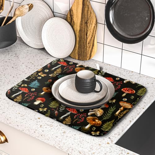 Mushroom Forest Dish Drying Mat Fern Leaves Black Drainer Mat for Kitchen Countertop 16 X 18 Inch (Mushroom - Black / 18" x 16")