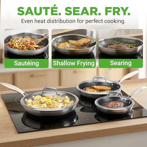 7-Piece Tri-Ply Stainless Steel Frying Pan Set & Wok – Nonstick, Induction Compatible, Oven Safe, Scratch-Resistant, Dishwasher Safe (Stainless Steel / 7 Piece Cookware Set)