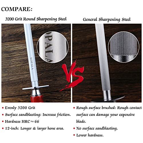 Sharpening Steel Knife Sharpener Rod Round 12 IN Honing Steel for Knife (Round 12 inches Red)