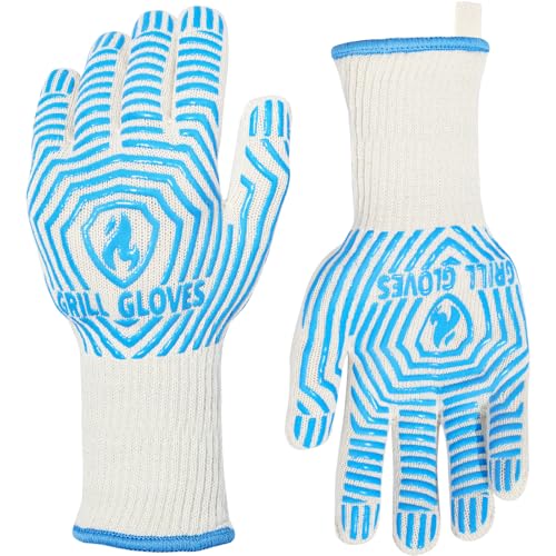 BBQ Gloves Oven Gloves 1472℉ Extreme Heat Resistant (Light Blue / One Size Fits Most(Long Cuff))