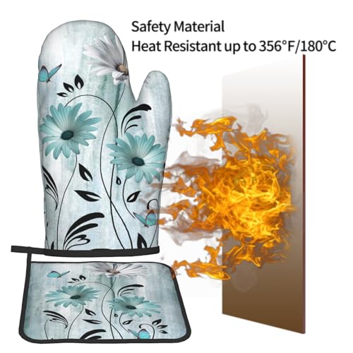 Daisy Floral Oven Mitts and Pot Holder Set of 2 Teal White Flower Heat Resistant Kitchen Mitts Potholders Washable for Cooking Grilling BBQ (Daisy Floral)