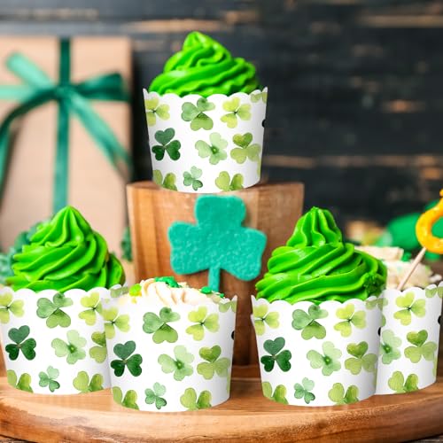 100Pcs St. Patrick's Day Paper Baking Cups Cupcake Wrappers Watercolor Green Shamrock Clover Scalloped Edge Cupcake Muffin Cases for Irish Dessert Decoration (Watercolor Clover)