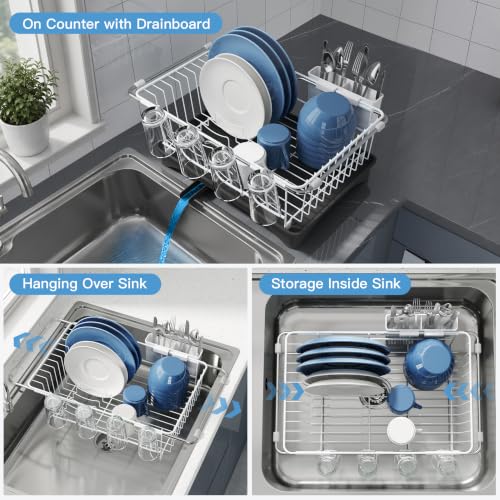 White Dish Drying Rack in Sink with Drainboard and Utensil Holder (White / For 12"-30"w Sink, with Drainboard)
