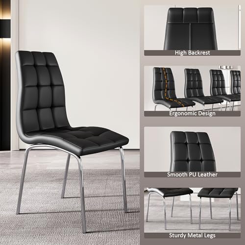36” Square Glass Dining Table Set for 4 (Black Square Table/Black Pu Chairs / 5 Pieces)