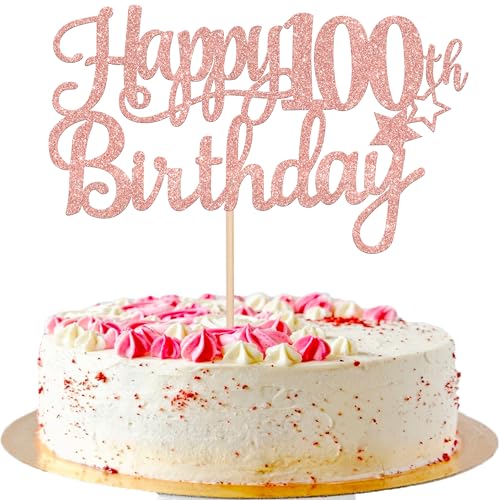 1 PCS Happy 100th Birthday Cake Topper Glitter Cheers to 100 Years Cake Pick Number 100 Fabulous Cake Decoration for 100th Birthday Theme Party Decorations Supplies Rose Gold (Rose Gold / 100th)