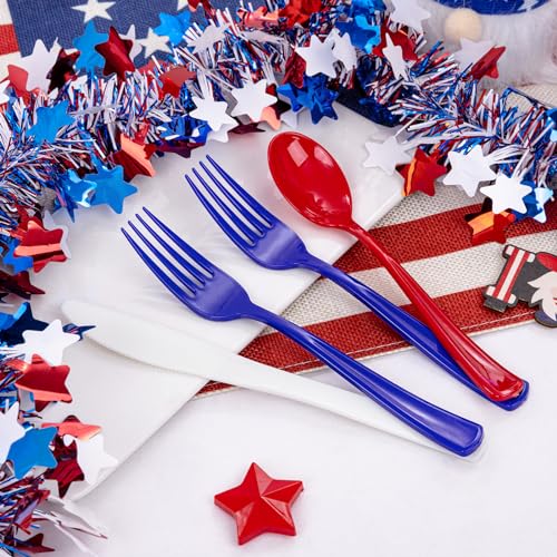 200Pcs 4th of July Red Blue Disposable Plastic Silverware (Blue White Red)