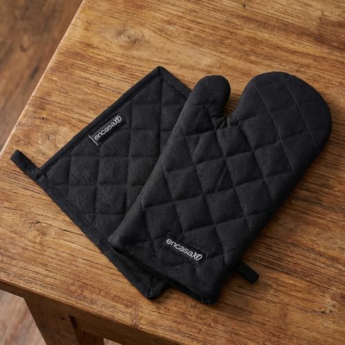 Oven Mitts and Pot Holders Set (Oven Glove + Pot Holder / Full Black)