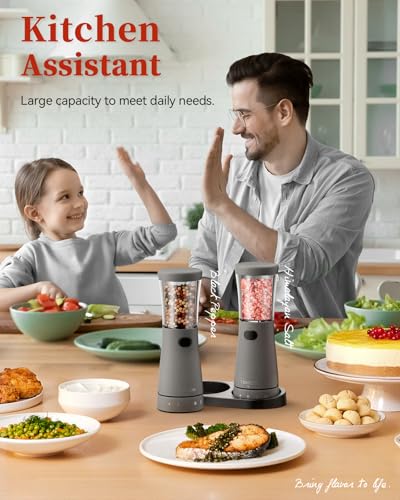 Electric Salt and Pepper Grinder Set with Storage Base (Dark Gray)