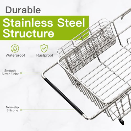 Stainless Steel Dish Drying Rack in Sink with Metal Utensil Holder (Silver / For 12"-30"w Sink, with Metal Utensil Holder)