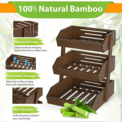 Bamboo Fruit Basket for Kitchen (3-Tier Walnut)