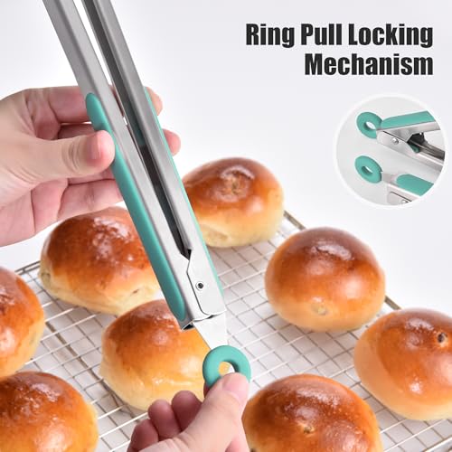 Kitchen Tongs with Silicone Tips for Cooking Serving (12in / Aqua Sky)